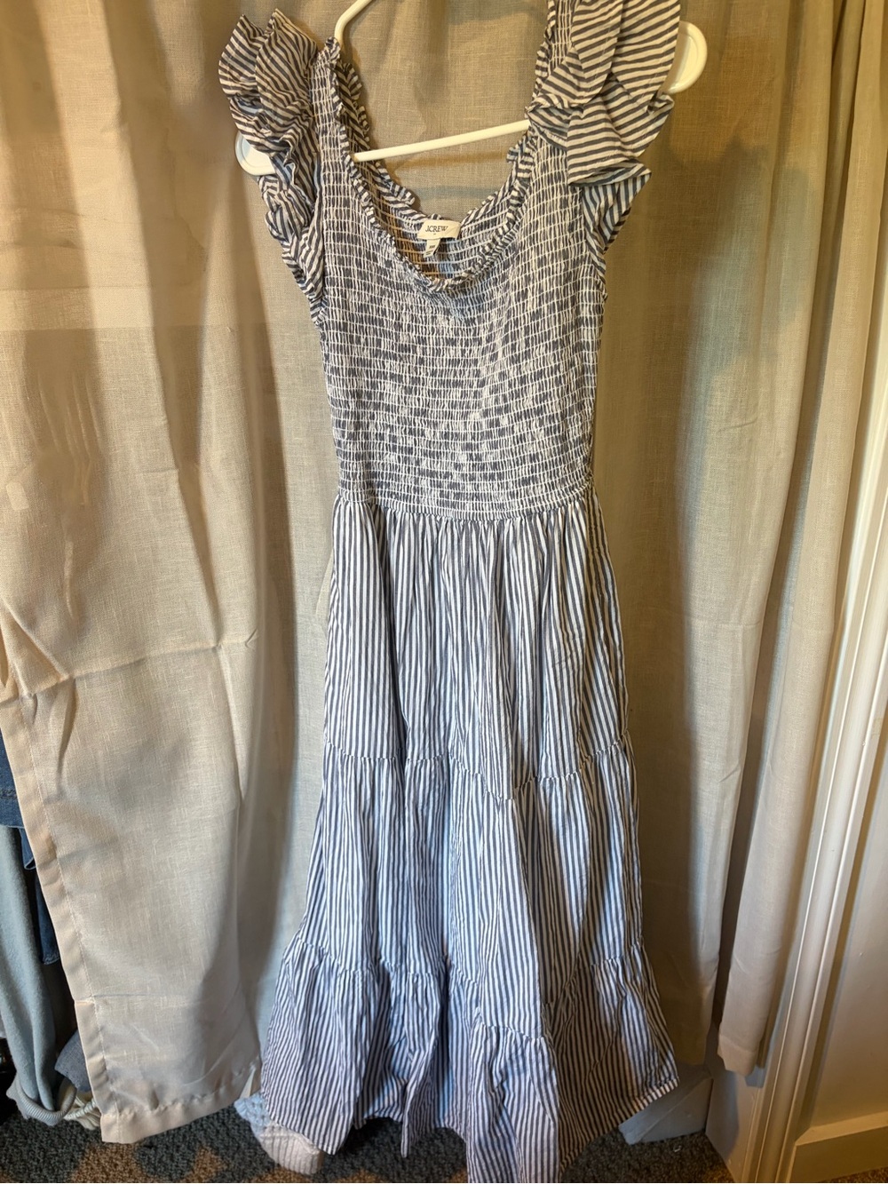 J. Crew Blue and White Striped Ruffle-Sleeve Maxi Dress